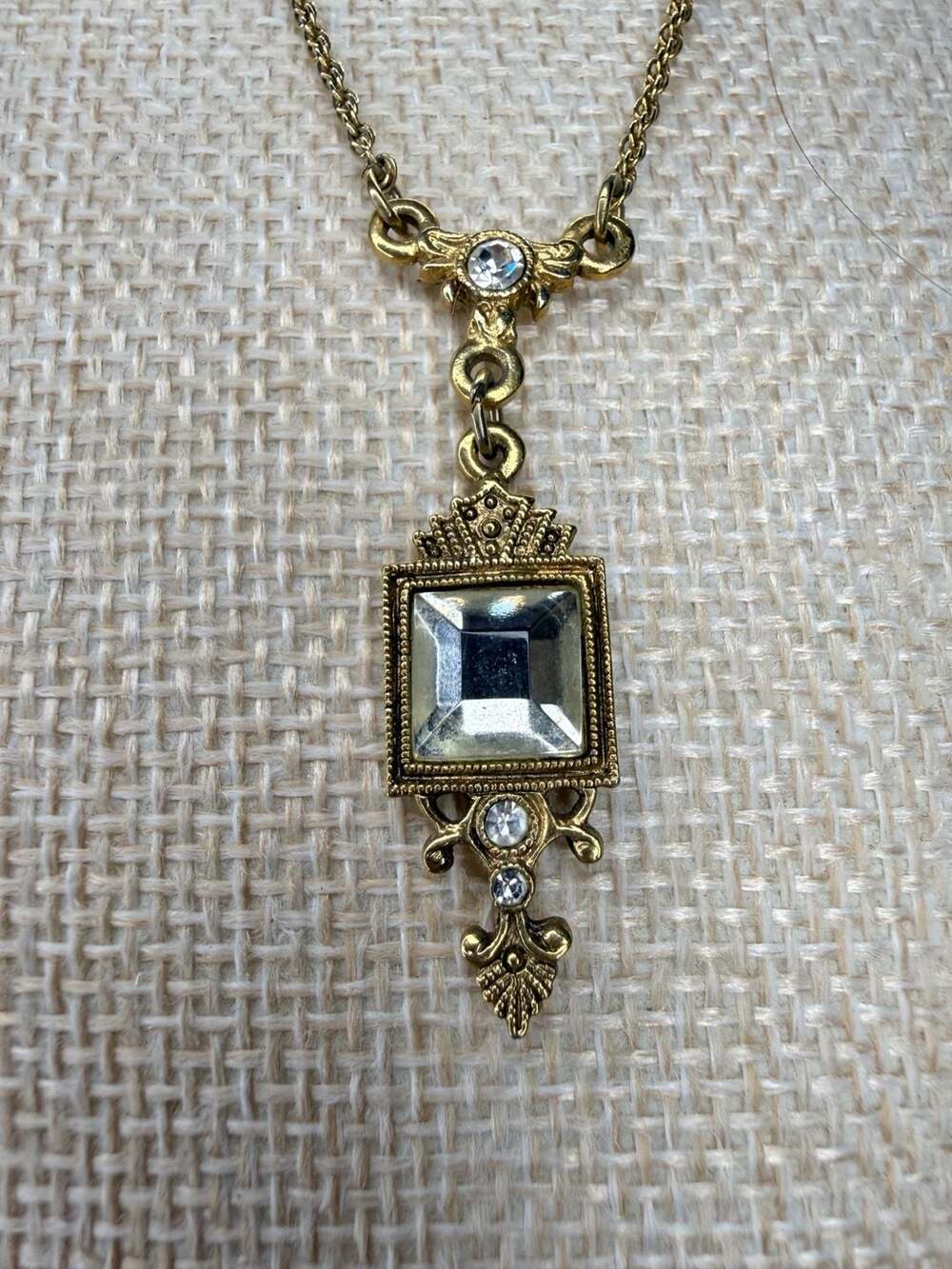 1928 Jewelry Victorian Revival Pendant Necklace 15 Inch Gold Tone Rhinestone